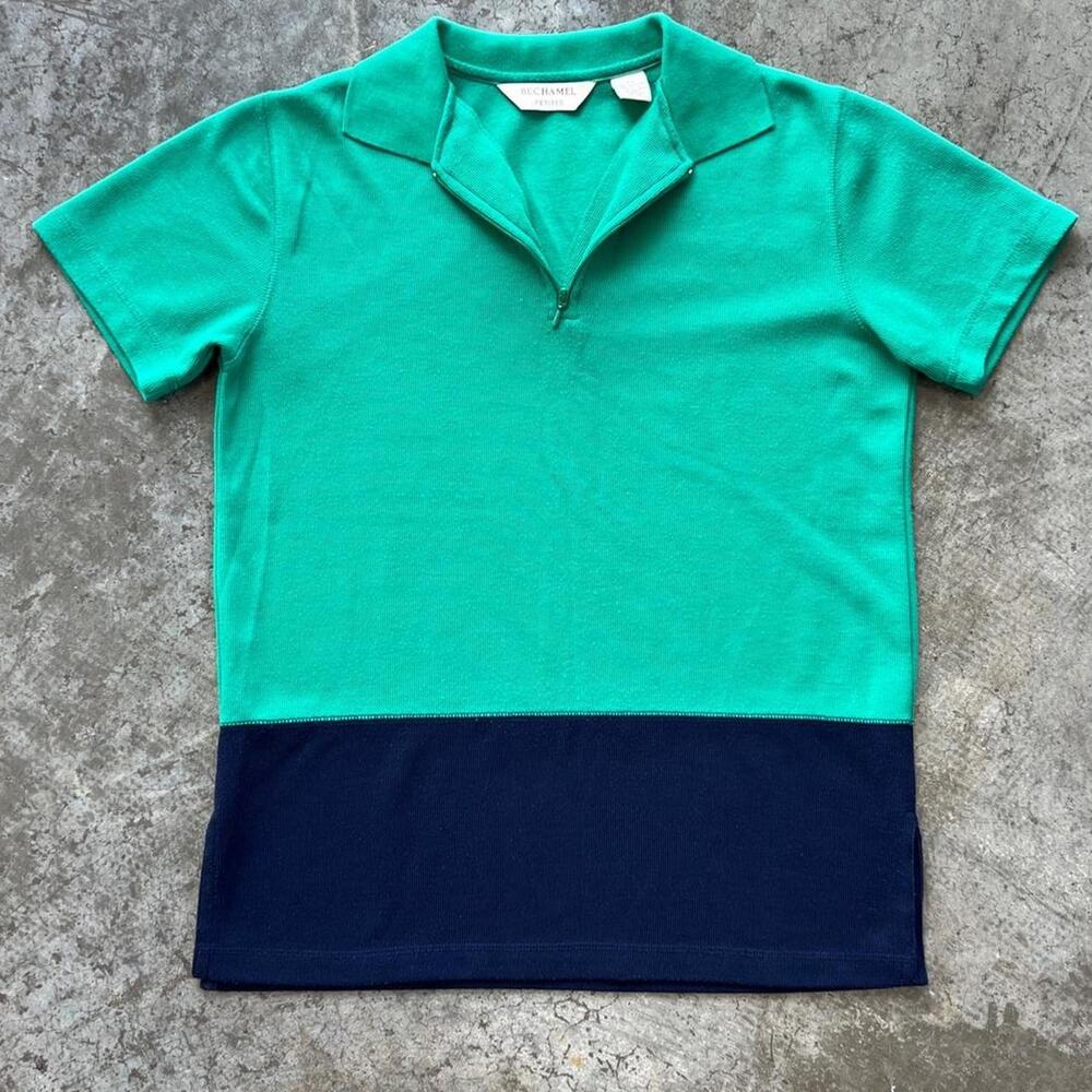 Bechamel Petites Half Zip Polo Shirt Colorblock Green Short Sleeve Women's Small